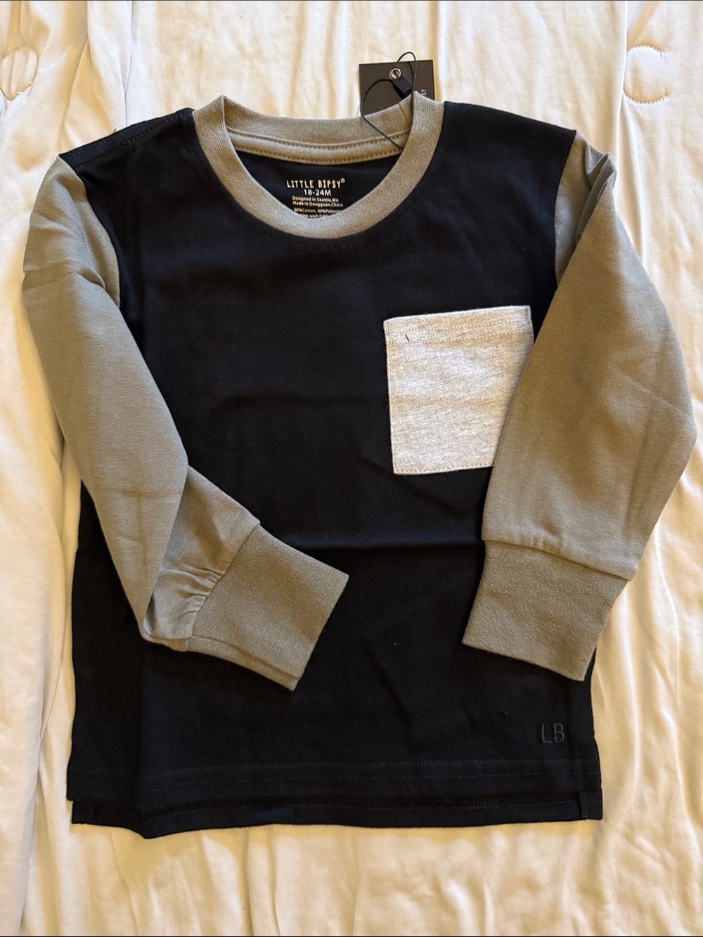 Little Bipsy Black Long Sleeve Top with Olive Trim and Light Gray Pocket